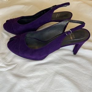 Stuart Weitzman purple faux suede peep toe sling back shoes